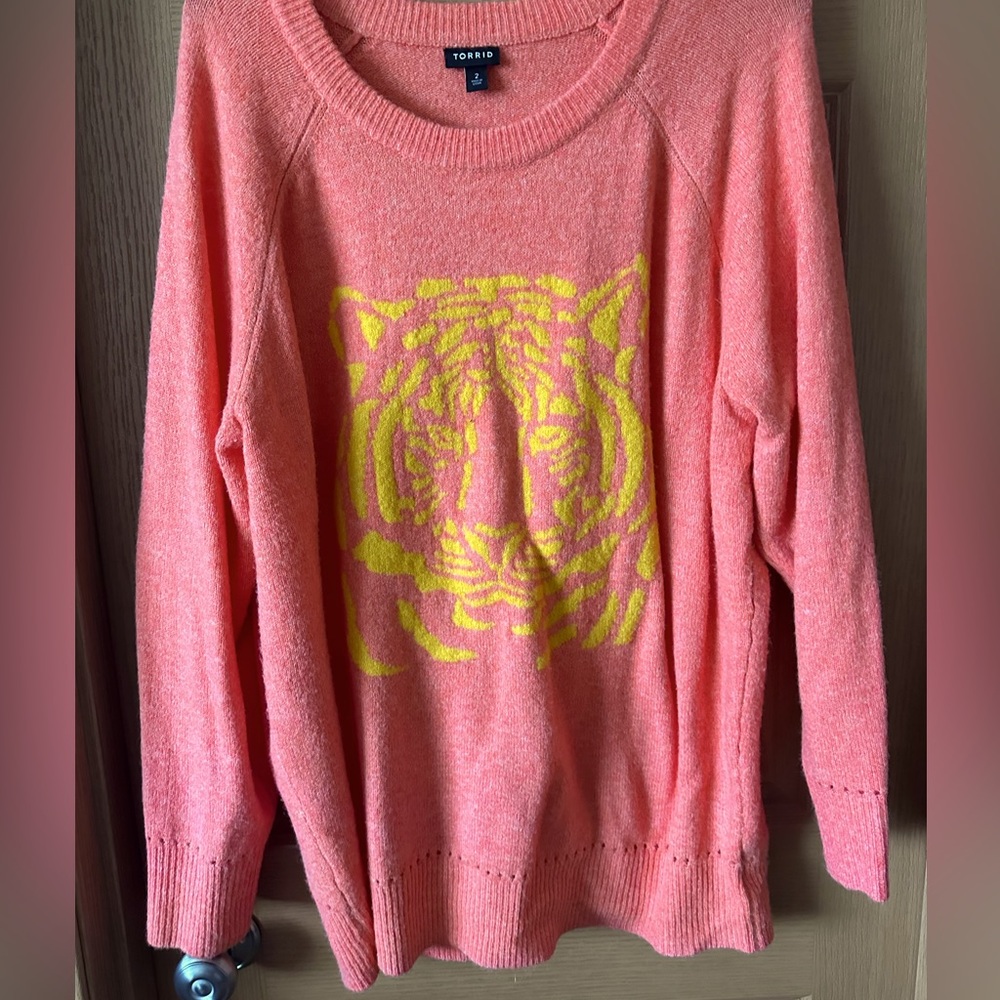 Adorable sweater!! Worn a few times. Bright orange with a yellow tiger.
